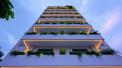 Poster - Tall Building With Balconies Lit Night