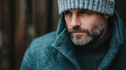 A detailed close-up shot showcasing a person's cozy winter attire featuring a knitted beanie and a high-collared zippered jacket, conveying warmth and style in a cold season.