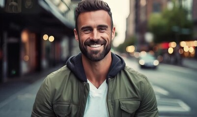 Wall Mural - Handsome young man in casual clothes is looking at camera and smiling while standing outdoors