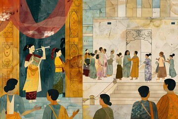 Colorful Illustration of People Gathering at a Temple Entrance