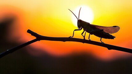 Sticker -   A close-up of a grasshopper on a tree branch with the sun shining behind it, and a blurred sky as the backdrop