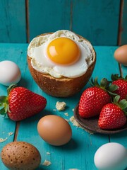 A cute cartoon bread, strawberry, and eggs set against a turquoise backdrop.