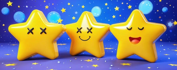 Three colorful cartoon stars with different expressions against a starry blue background, creating a whimsical atmosphere for children