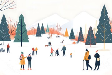 Winter Forest People Enjoying Snow