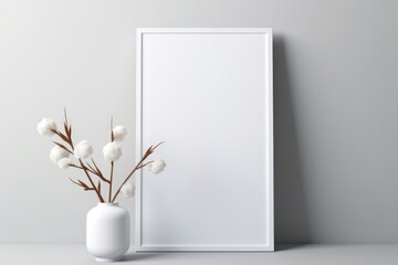 A sleek business card mockup placed against a neutral wall, accompanied by a simple white vase containing cotton branches, creating a modern and sophisticated presentation for design.