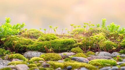 Green Moss Growing On Stones In The Sunlight