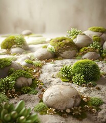 Canvas Print - Green Moss And Stones On A White Background