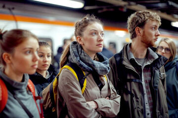 group of people in a subway disappointed by delays to the train service