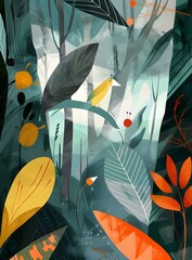 Wall Mural - Abstract Illustration Of A Yellow Bird Perched On A Branch In A Forest With Green Leaves And Orange Flowers