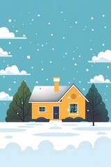 Canvas Print - Yellow House In The Snow On A Winter Day