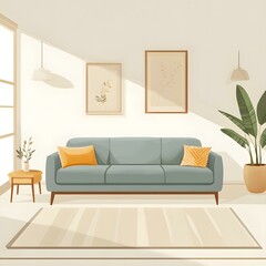 Canvas Print - Modern Minimalist Living Room Interior Design with Sofa, Plants, and Artwork