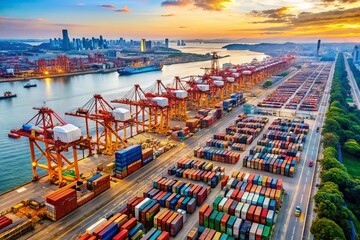 Aerial view of a bustling container port with cargo ships and cranes, symbolizing the dynamic flow of international