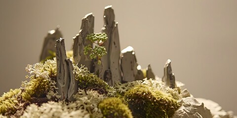 Closeup of Miniature Stone Mountain Landscape With Green Moss