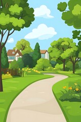 Canvas Print - Green Pathway Leading to Houses in a Lush Park