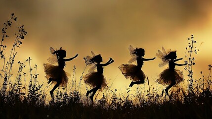 Wall Mural -   Three Tinkerbells Run Through Tall Grass Sunset