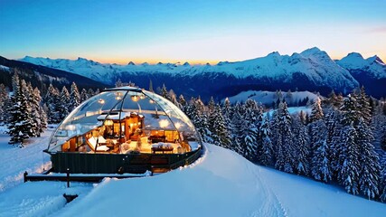 Winter holiday in a luxury modern glass igloo hotel with beautiful view on mountains, forest and night sky