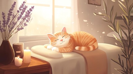 Illustration of a serene spa room with a cat peacefully sleeping on a massage table