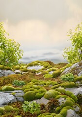 Poster - Green Mossy Rocks Landscape With Cloudy Sky