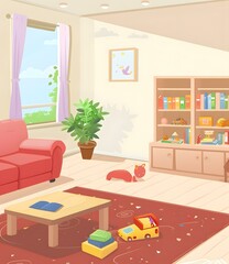 Canvas Print - Cartoon Illustration Of A Living Room With A Red Sofa And A Wooden Coffee Table