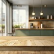 © Fathor - Wooden table top on blur kitchen room background,Modern Contemporary green kitchen room interior generative ai