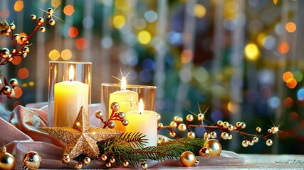 Poster - Festive still life with burning candles and Christmas decorations on bokeh background. Christmas composition for home interior