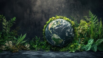 A picture of a globe surrounded by plants and greenery, AI