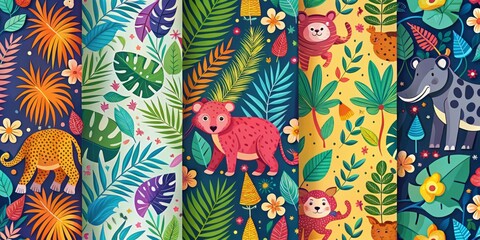 Colorful animal vector pattern set mood vibrant style playful concept geometric jungle