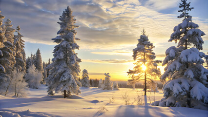 Wall Mural - A serene winter landscape with snow-covered pine trees and a frozen lake. The sky is a pale blue, and the scene is peaceful and quiet, with the snow glistening in the soft light of the setting sun