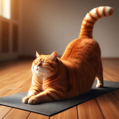 Contented Orange Kitty Tabby Cat Enjoying Exercising Yoga Stretch on the Mat