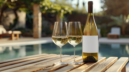 A bottle of white wine with a blank mock-up label and glasses served by the poolside.