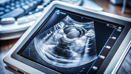 A close-up image of a sonogram screen displaying a detailed, grainy black and white image of a female reproductive system during a pelvic exam.