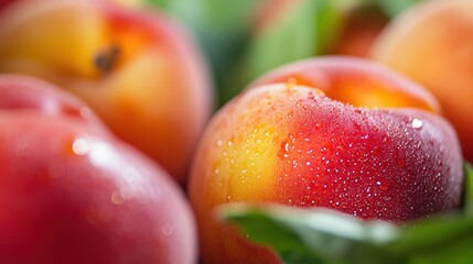 Poster - A close up of a bunch of peaches with water droplets on them, AI