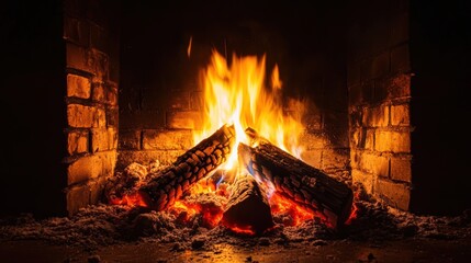 Cozy fire burning in a rustic fireplace during winter night