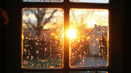    a tree viewed through a rain-splattered window, with the sun illuminating the scene