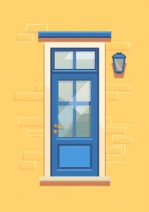 Canvas Print - Blue Door With Glass Windows On Yellow Brick Wall