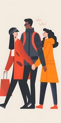 Poster - Three Friends Walking Together,  Hand in Hand Illustration