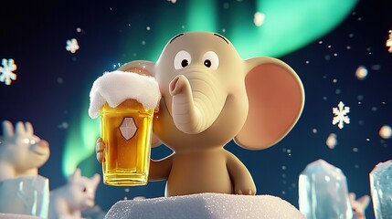 Sticker -   A snow-covered elephant sipping on a chilled glass of beer against a backdrop of falling snowflakes