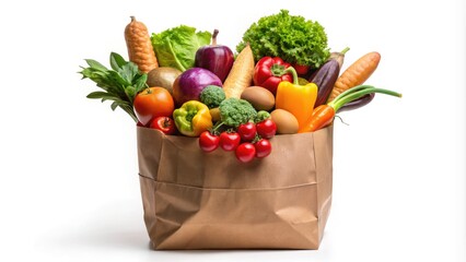 A colorful, stylized icon depicting a brown paper bag filled with assorted fruits and vegetables, symbolizing healthy eating and sustainable food packaging.