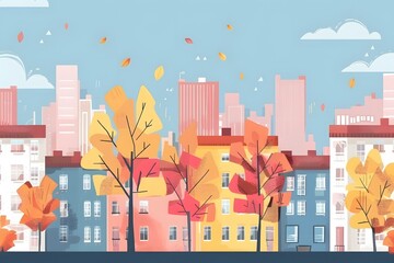 Autumn Cityscape Illustration With Falling Leaves