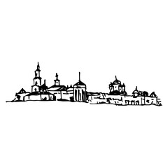 The Trinity Makaryev Monastery in Kalyazin, Russia. Ancient Orthodox temple. Architectural illustration. Hand drawn linear doodle rough sketch. Black and white silhouette.