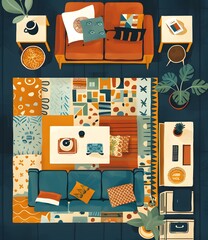 Wall Mural - Abstract Illustration of a Living Room with Couch, Coffee Table, and Plants