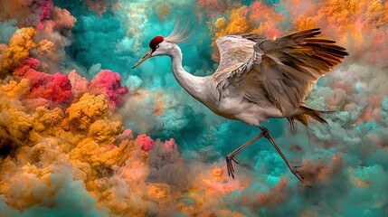 Poster -   A bird with spread wings, amidst colorful cloud-smoke, and vibrant flower backdrop