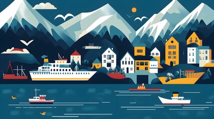 Wall Mural - Mountain Village Landscape With Sea And Ships Illustration