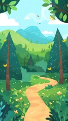 Poster - Winding Path Through Green Forest Landscape Illustration