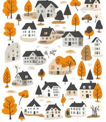 Wall Mural - Colorful Illustration of Houses and Trees