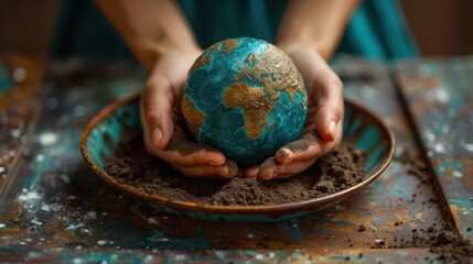 Caring Hands for the Earth, two hands gently cradle a handcrafted clay globe on a rustic plate, surrounded by earthy soil, evoking a sense of nostalgia and ecological awareness.