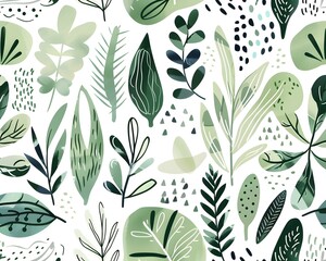 Wall Mural - Green Leaves Pattern Seamless Watercolor Style Illustration