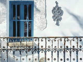 Wall Mural -  A white building with a blue window and a wrought iron fence featuring a door and a window on its side