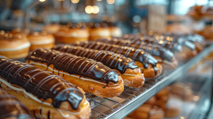 Wall Mural - A tray of chocolate-covered eclairs in a bakery display.