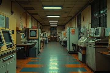 Poster - A Long, Narrow, and Empty Corridor in an Old Building with Old Computers